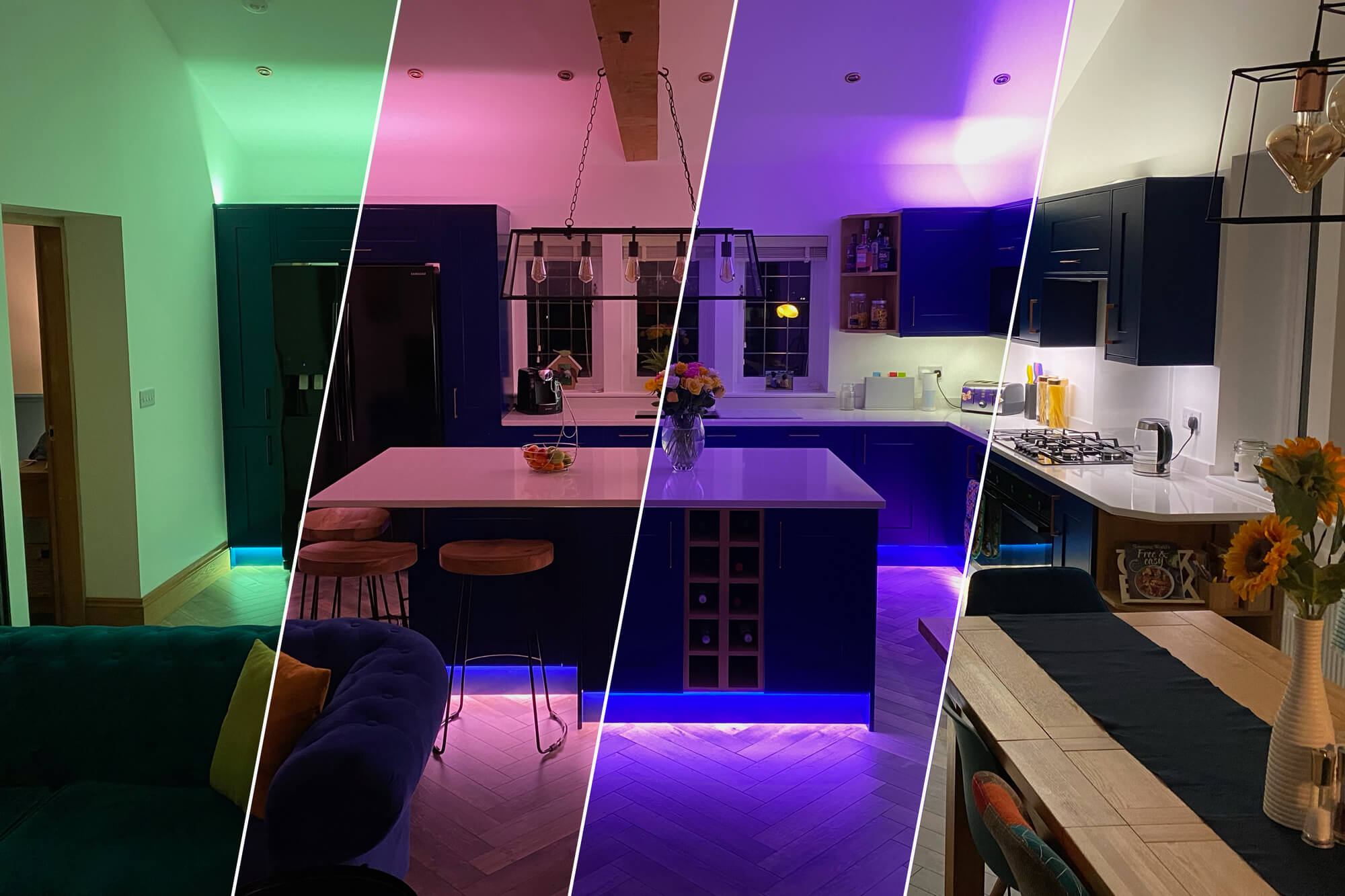 Kitchen changing colours LED light strips green pink purple blue